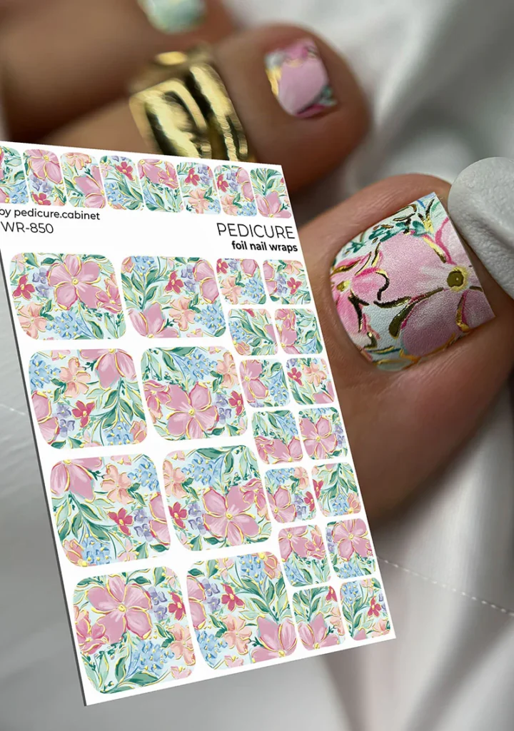Pedicure Flowers. Watercolor. Foil gold. Nail wrap WR-850