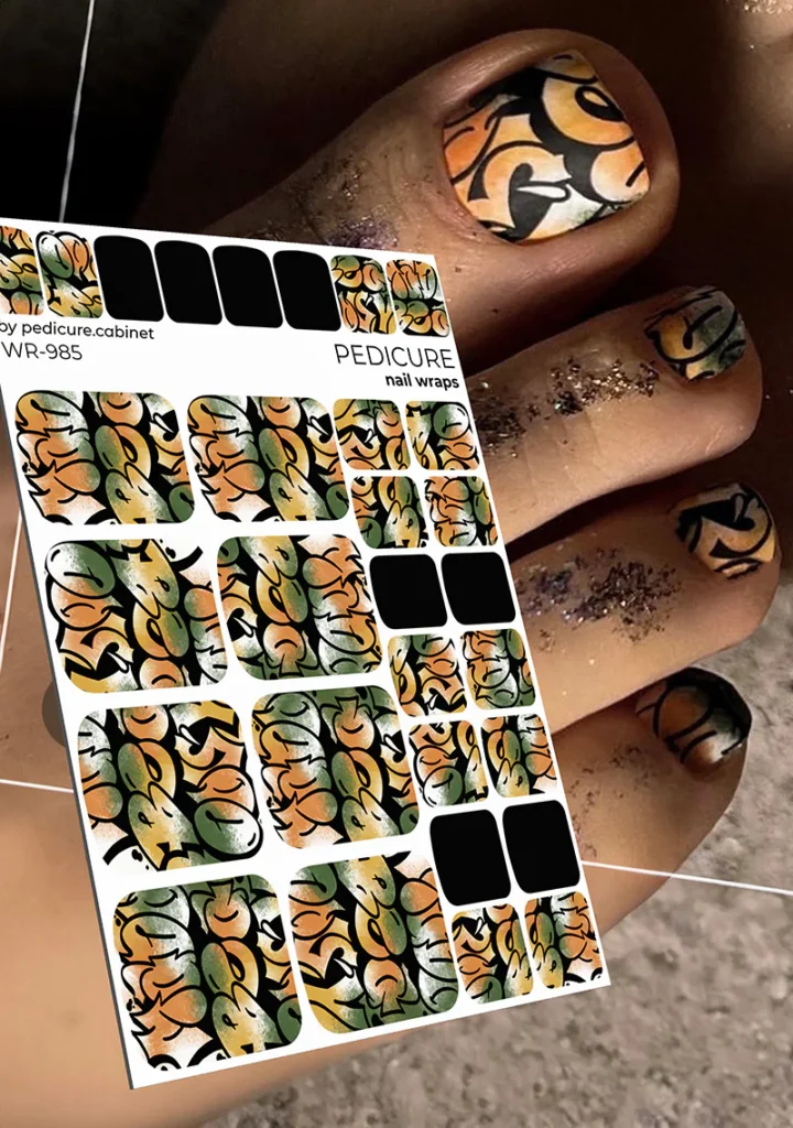Pedicure Graffiti. Khaki orange. Nail wrap WR-985